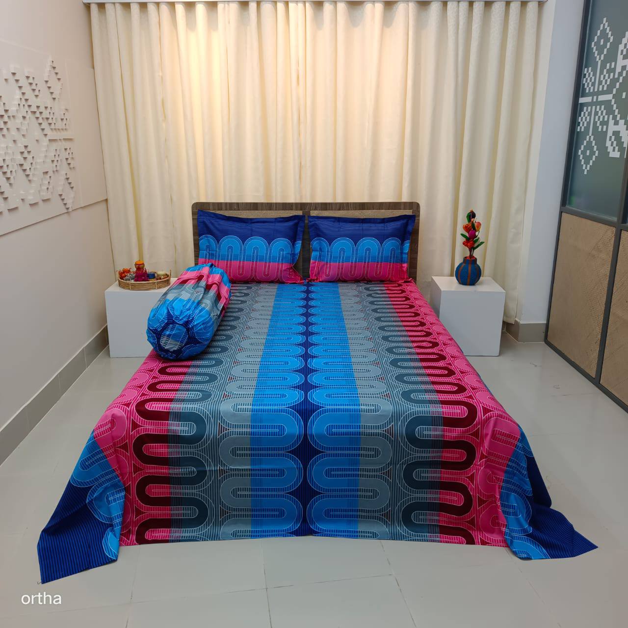 Luxury Twill Cotton Ortha Bedsheet – King Size – 3Pecs – U Loop Blue (Free Side Pillow Cover)