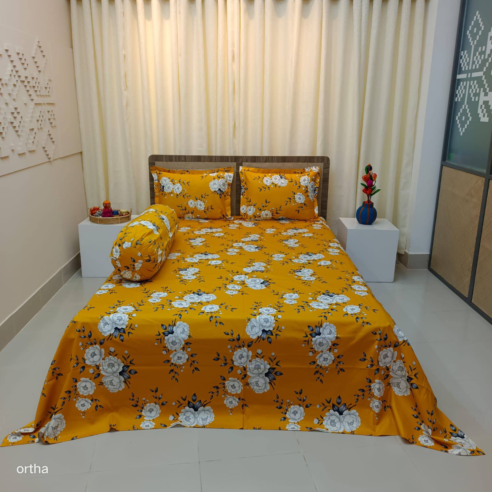 Luxury Twill Cotton Ortha Bedsheet – King Size – 3Pecs – Floral Yellow (Free Side Pillow Cover)