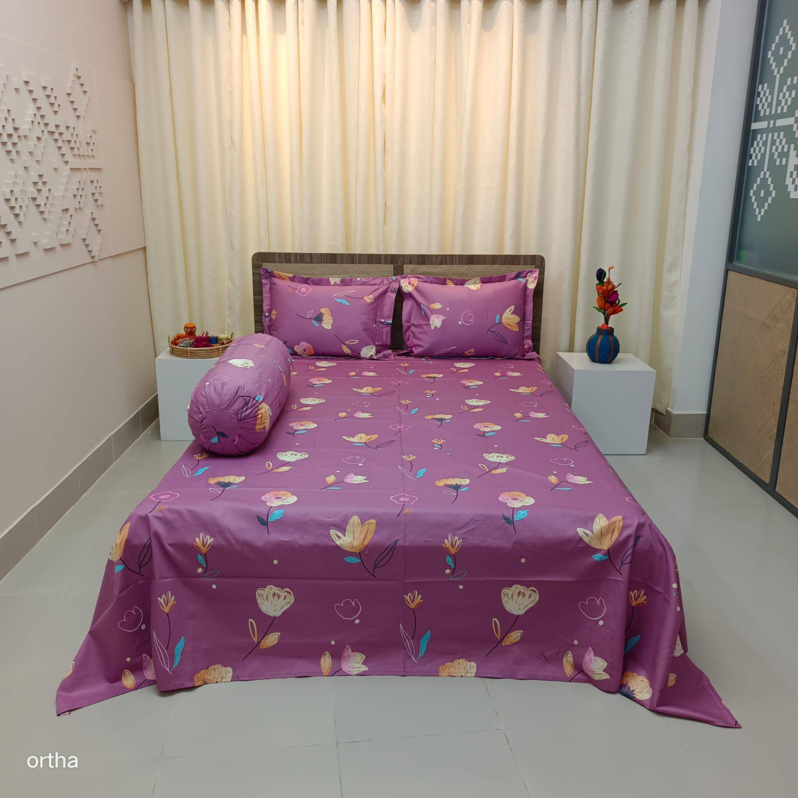Luxury Twill Cotton Ortha Bedsheet – King Size – 3Pecs – Hit Purple (Free Side Pillow Cover)