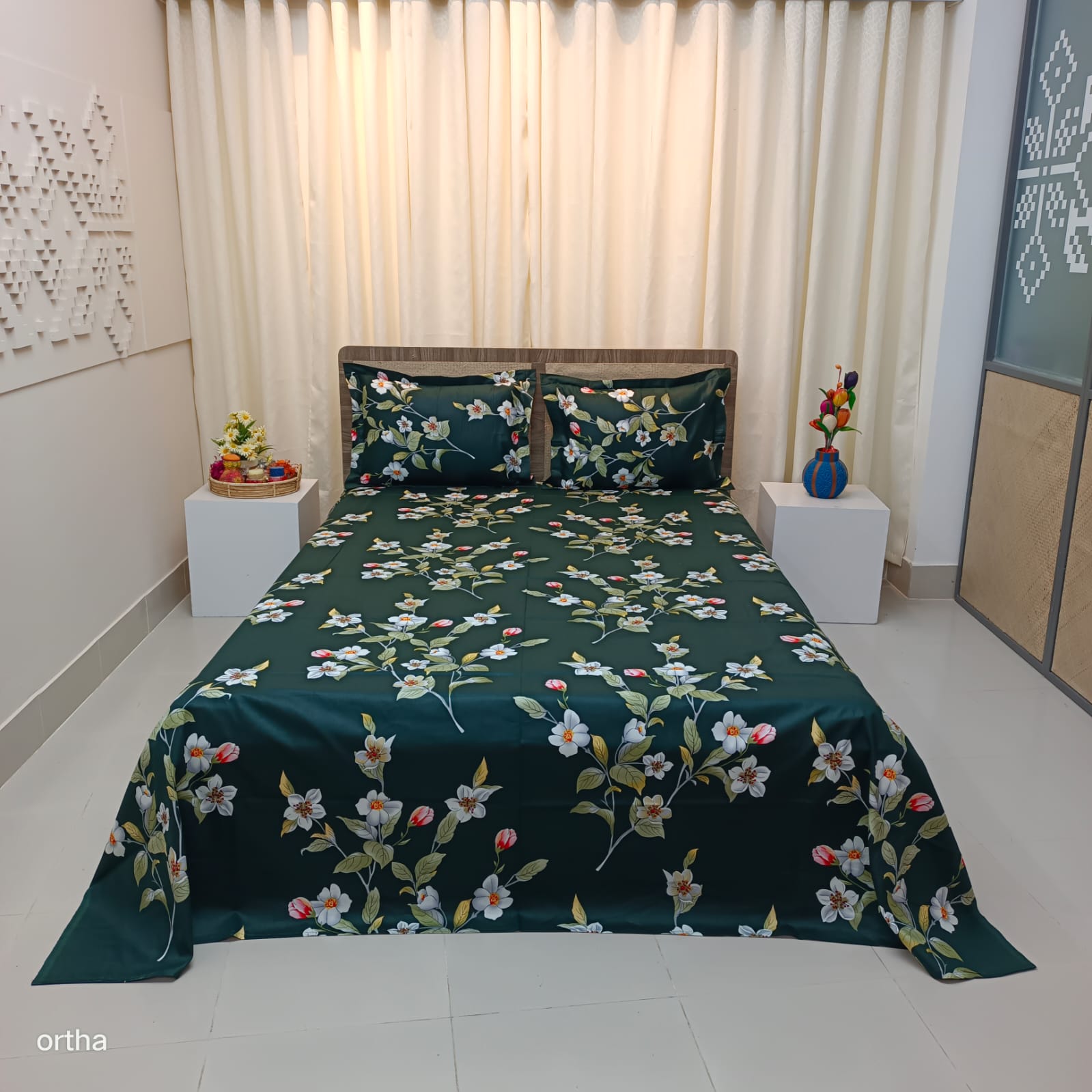 Luxury Twill Cotton Ortha Bedsheet – King Size – 3Pecs – Olive Orchid