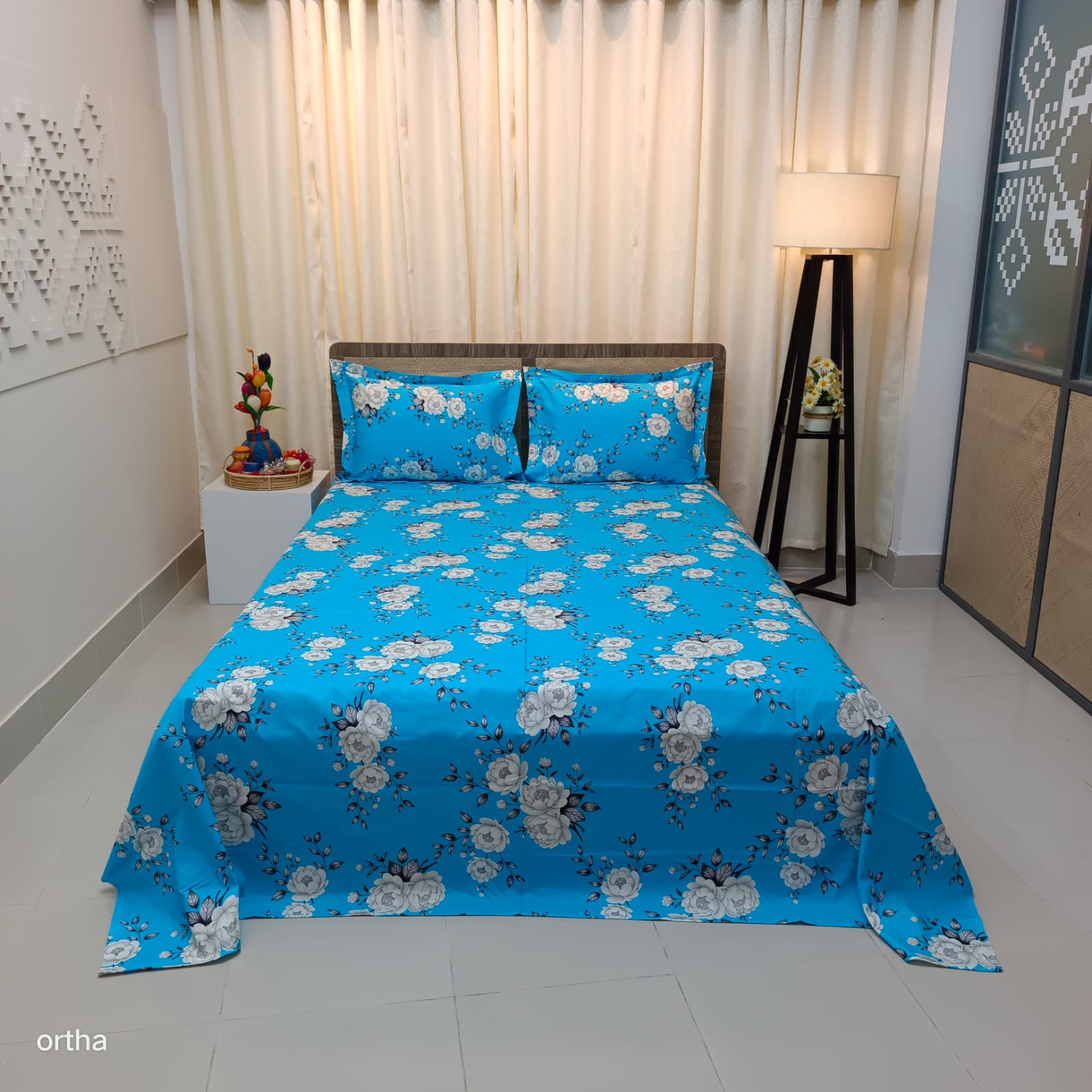 Luxury Twill Cotton Ortha Bedsheet – King Size – 3Pecs – Flora Sky