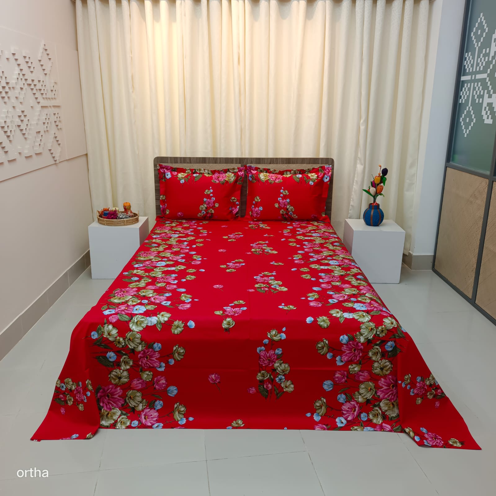 Luxury Twill Cotton Ortha Bedsheet – King Size – 3Pecs – Tomato Red