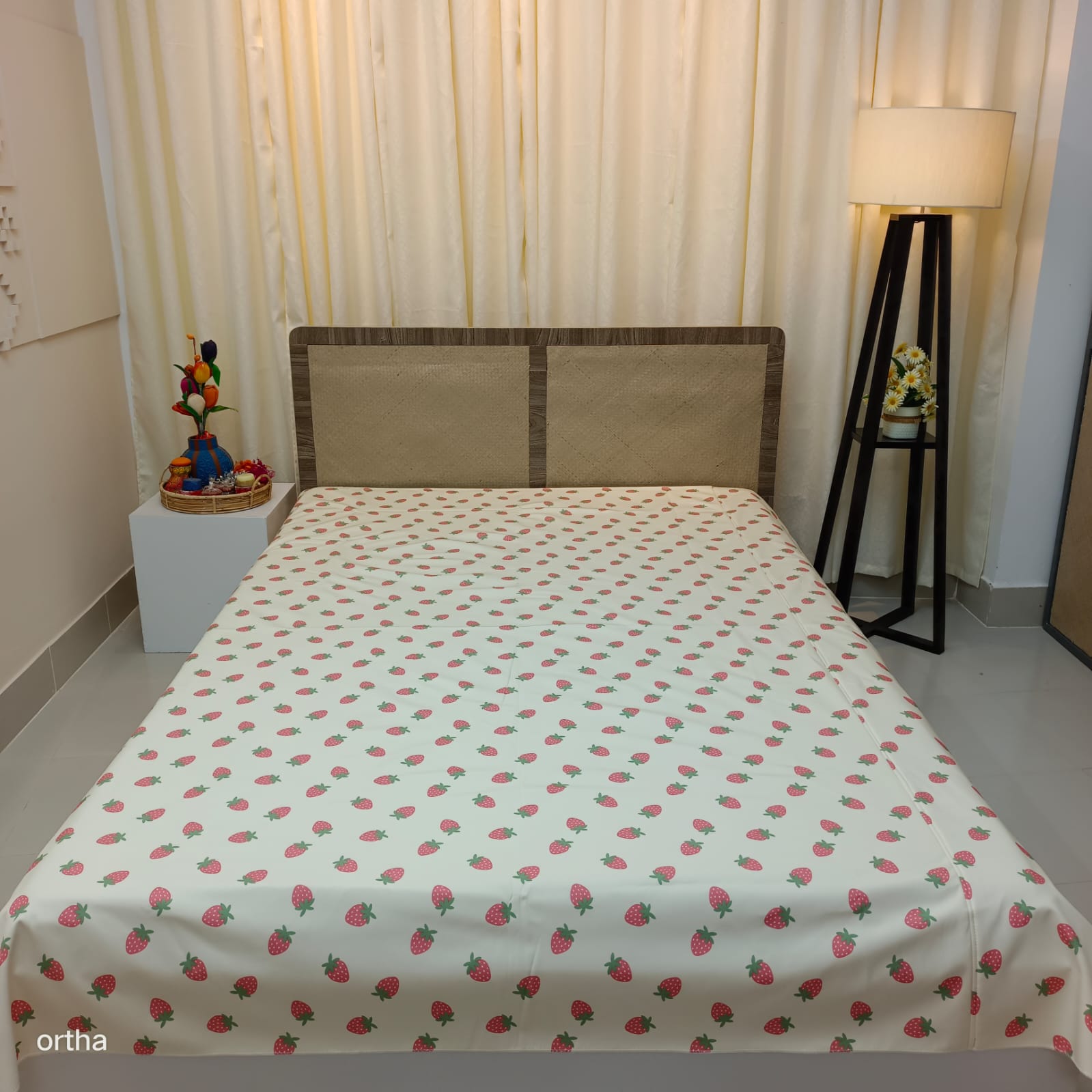 Ortha King Size Waterproof Bedsheet - Without Head Pillow Cover - Strawberry Cream