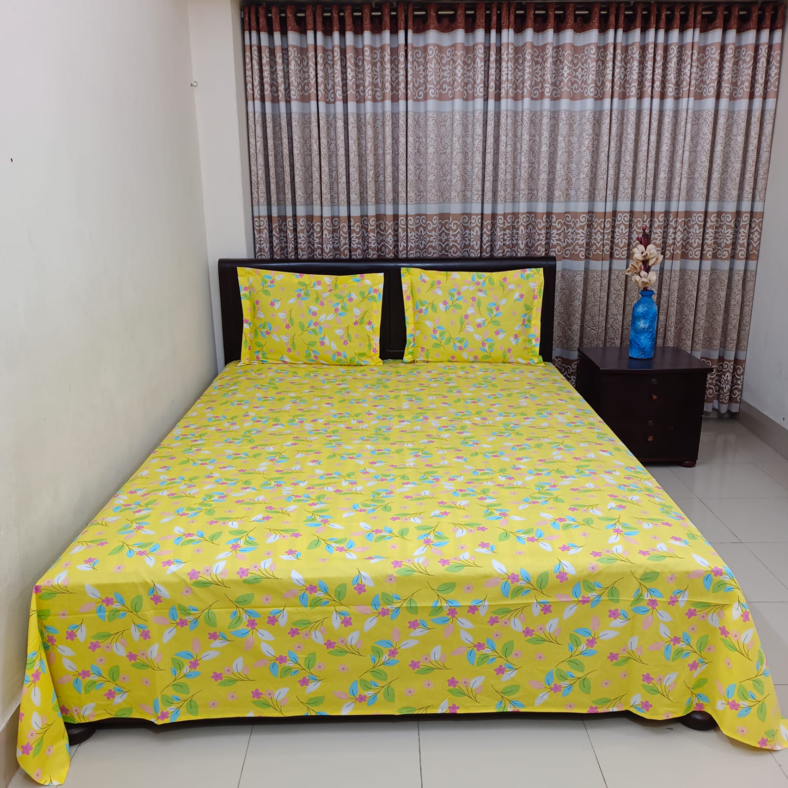 ORTHA EXCLUSIVE COTTON KING SIZE BEDSHEET – 3 PECS SET – Yellow Flora