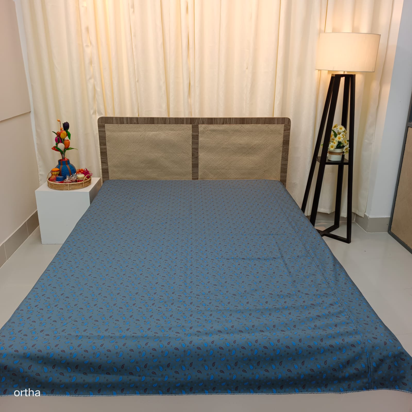 Ortha King Size Waterproof Bedsheet - Without Head Pillow Cover - Kalka Leaf Ash