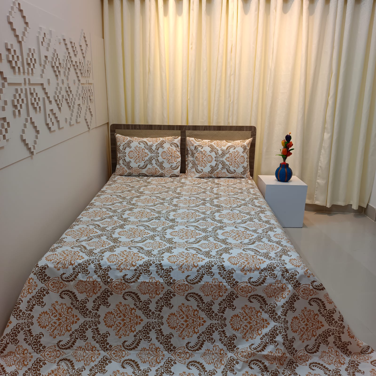 ORTHA EXPORT QUALITY PERCALE COTTON KING SIZE DOUBLE BEDSHEET – 3 PECS SET - GOLDEN KOLKA