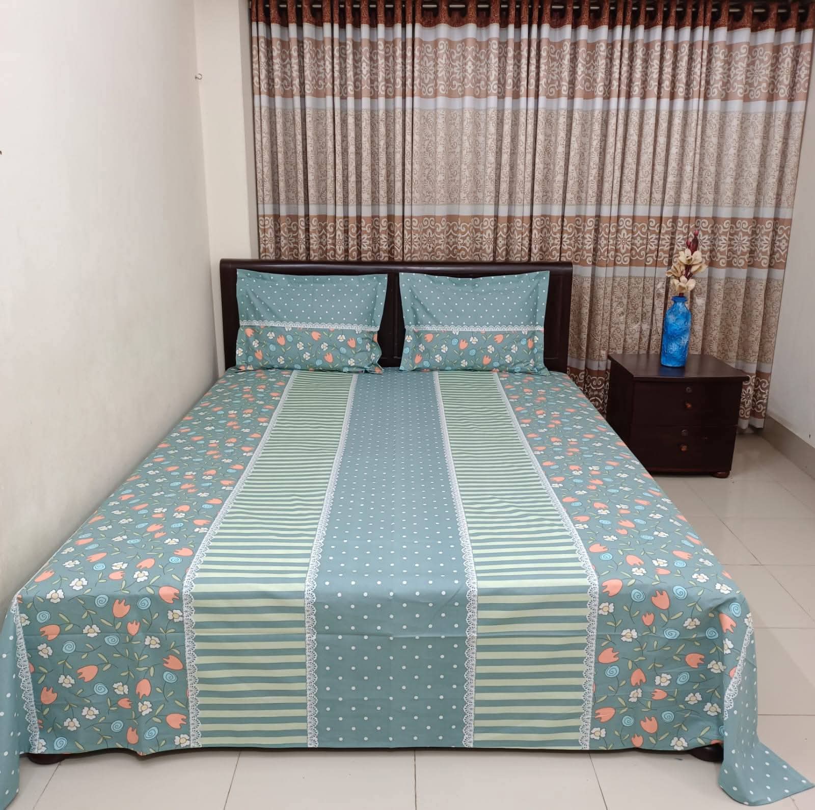 ORTHA EXCLUSIVE COTTON KING SIZE BEDSHEET – 3 PECS SET – STRIPE DOT FLOWER