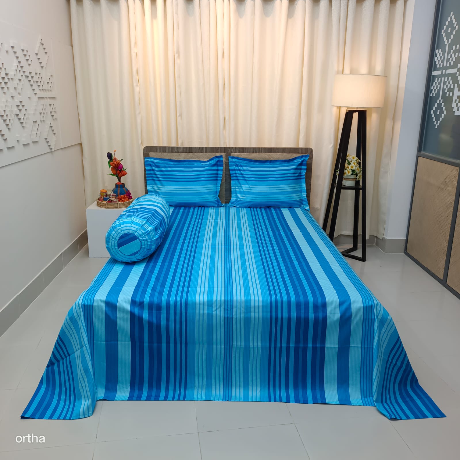 100% Cotton 4Pecs Luxury Twill Ortha Bedsheet – King Size – Blue Stripe