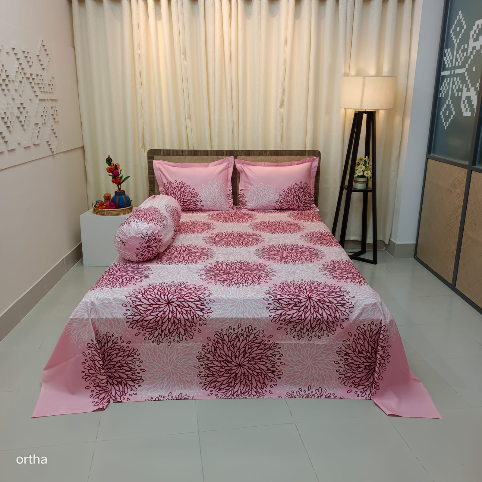 100% Cotton 4Pecs Luxury Twill Ortha Bedsheet – King Size – Atoshbaji Pink