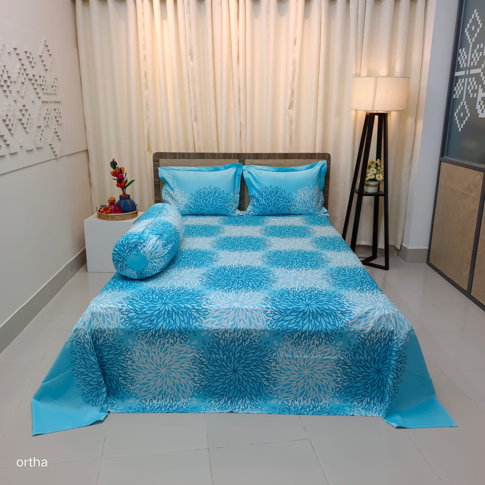 100% Cotton 4Pecs Luxury Twill Ortha Bedsheet – King Size – Atoshbaji Sky