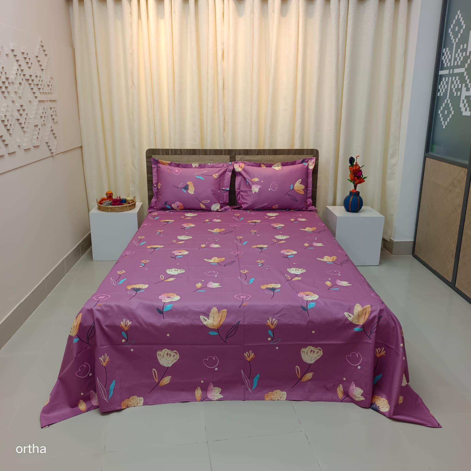100% Cotton Luxury Twill Ortha Bedsheet – King Size – 3Pecs – Hit Purple