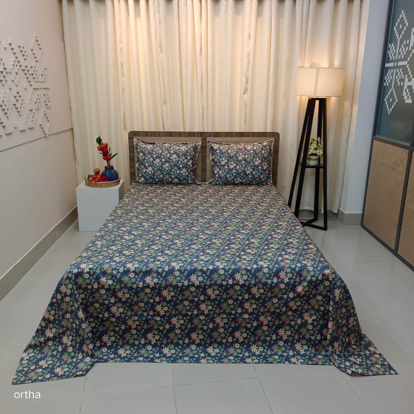 OLS Premium Satin Twill Cotton Bedsheet - Blue Ash