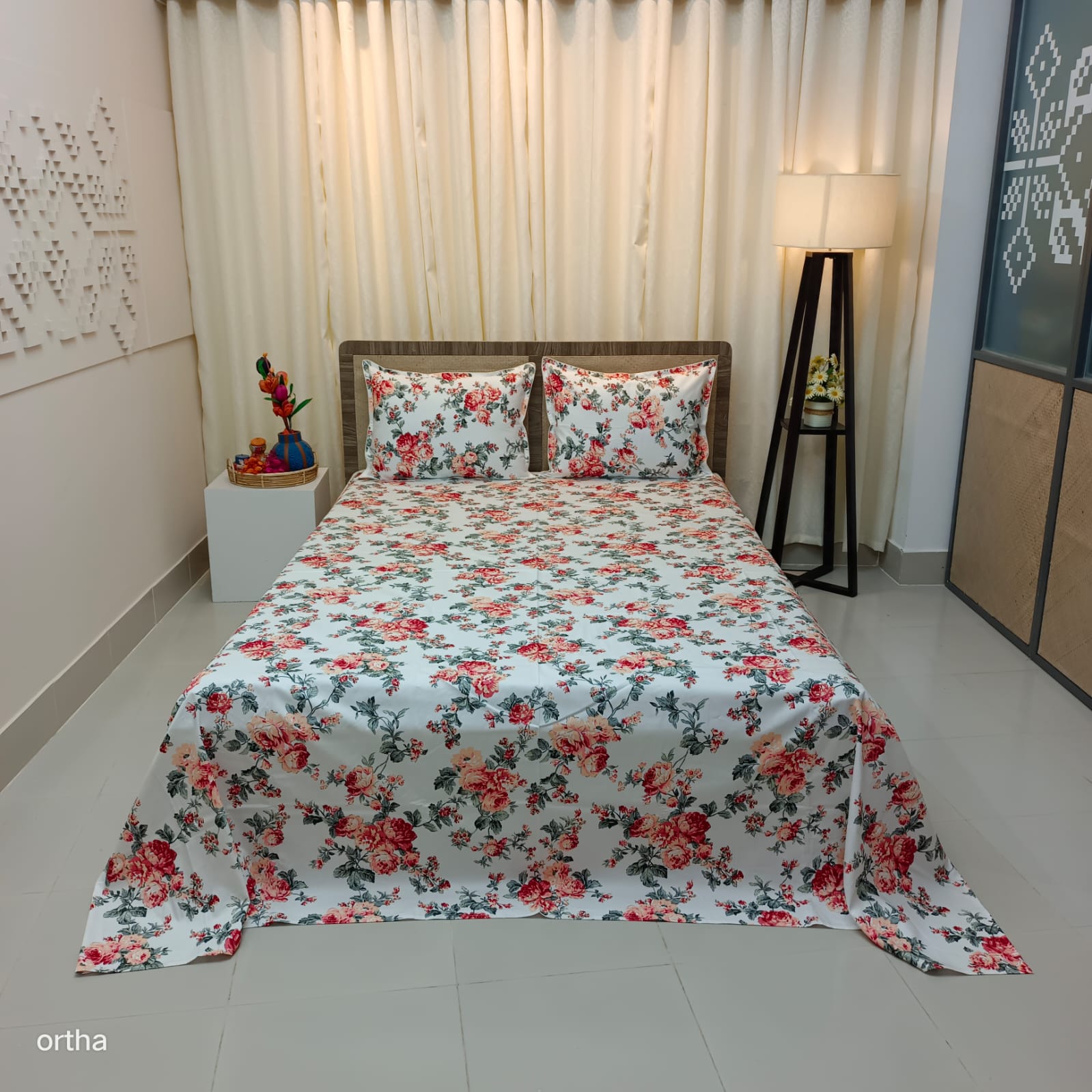 OLS Premium Satin Twill Cotton Bedsheet - White Flower