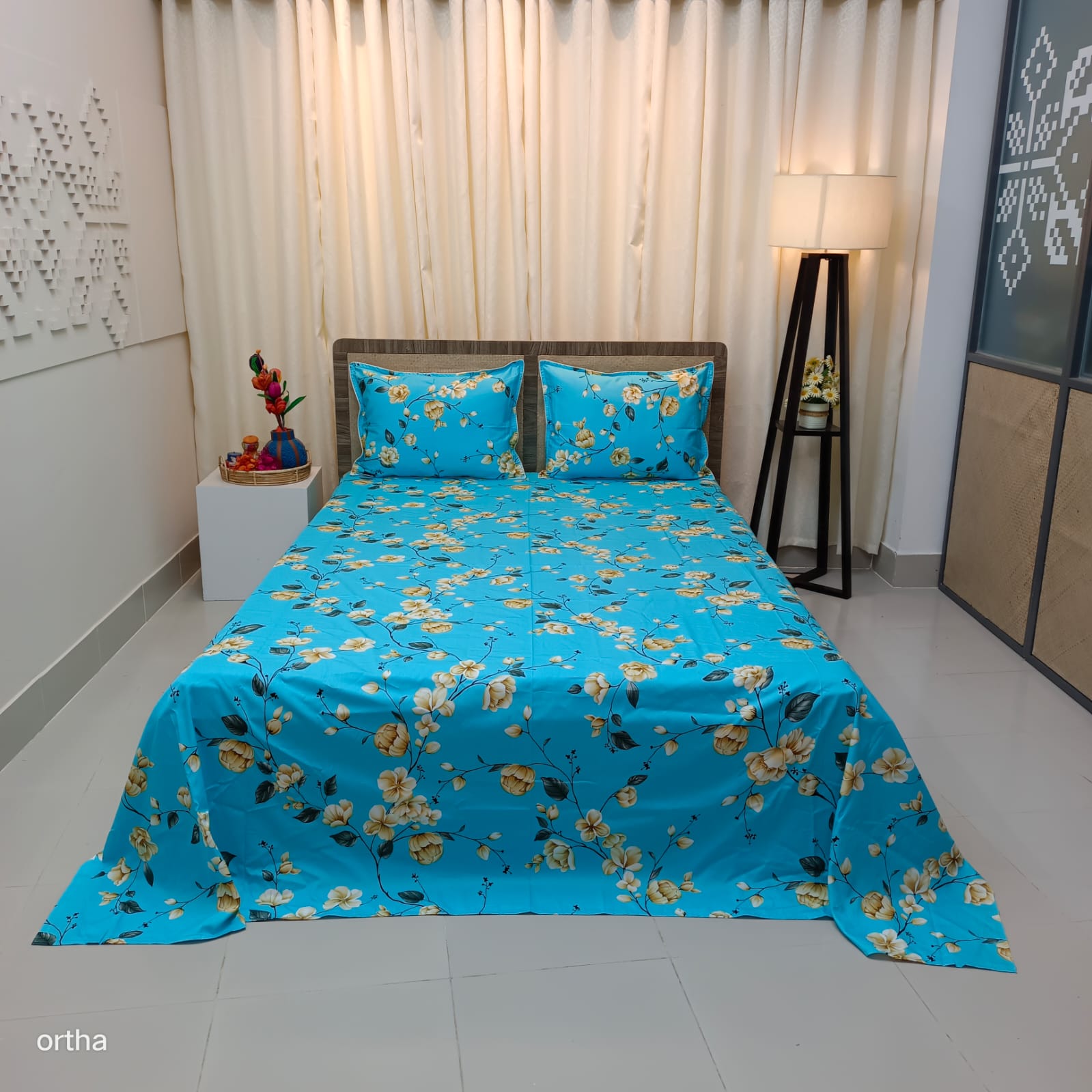 OLS Premium Satin Twill Cotton Bedsheet - Sky Garden