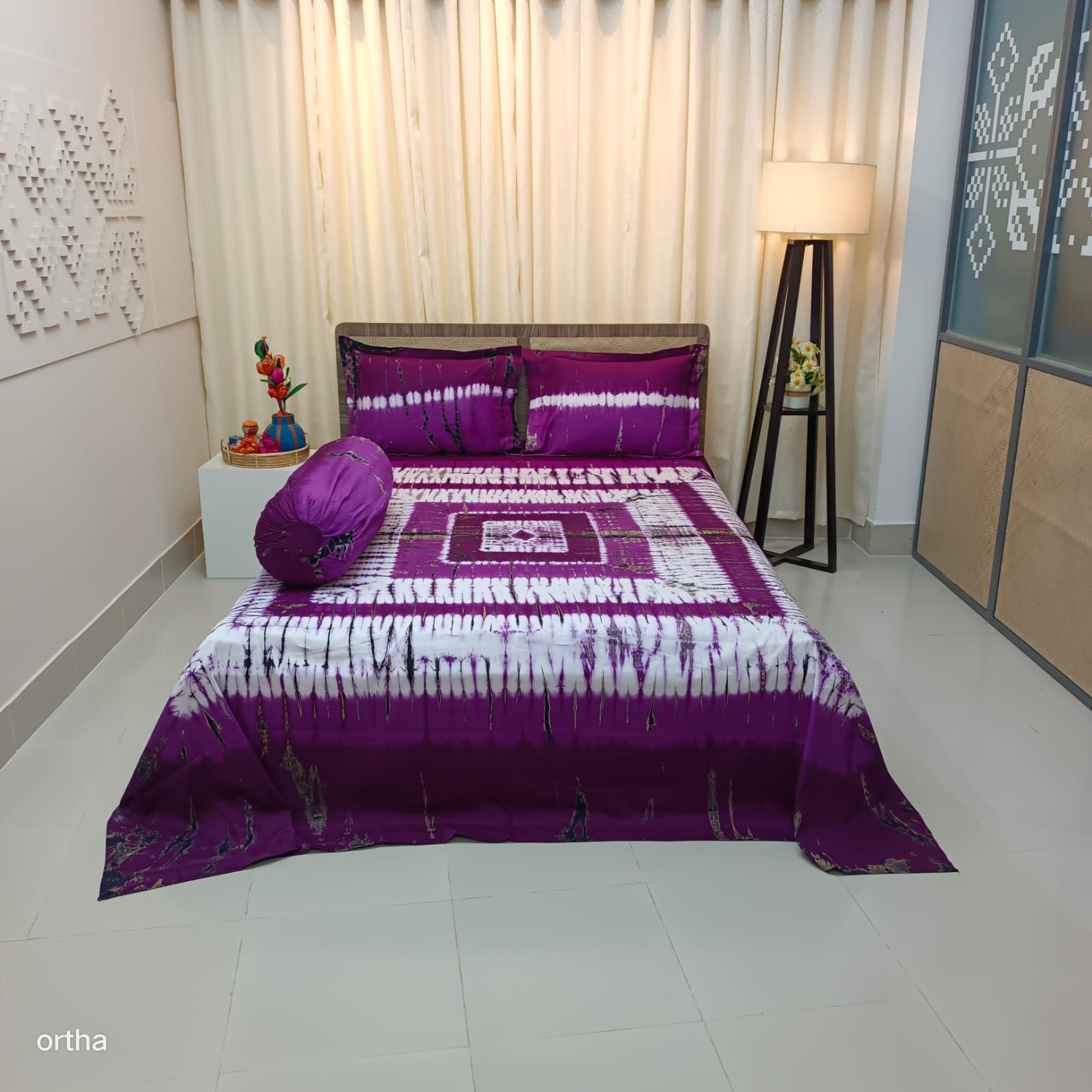 Tie-dye Plain Satin Cotton Ortha Bedsheet - 4 Pecs Set