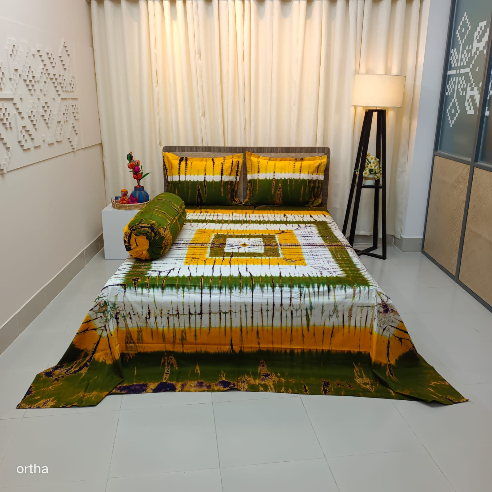 Tie-dye Plain Satin Cotton Ortha Bedsheet - 4 Pecs Set