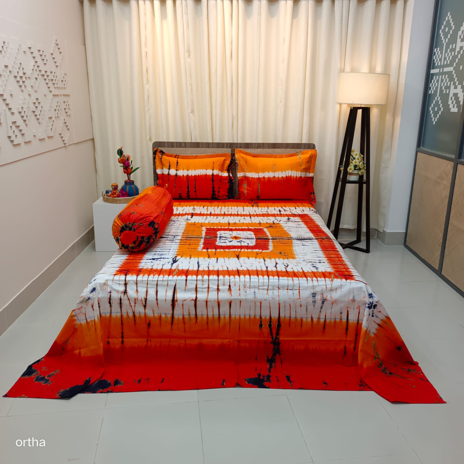 Tie-dye Plain Satin Cotton Ortha Bedsheet - 4 Pecs Set
