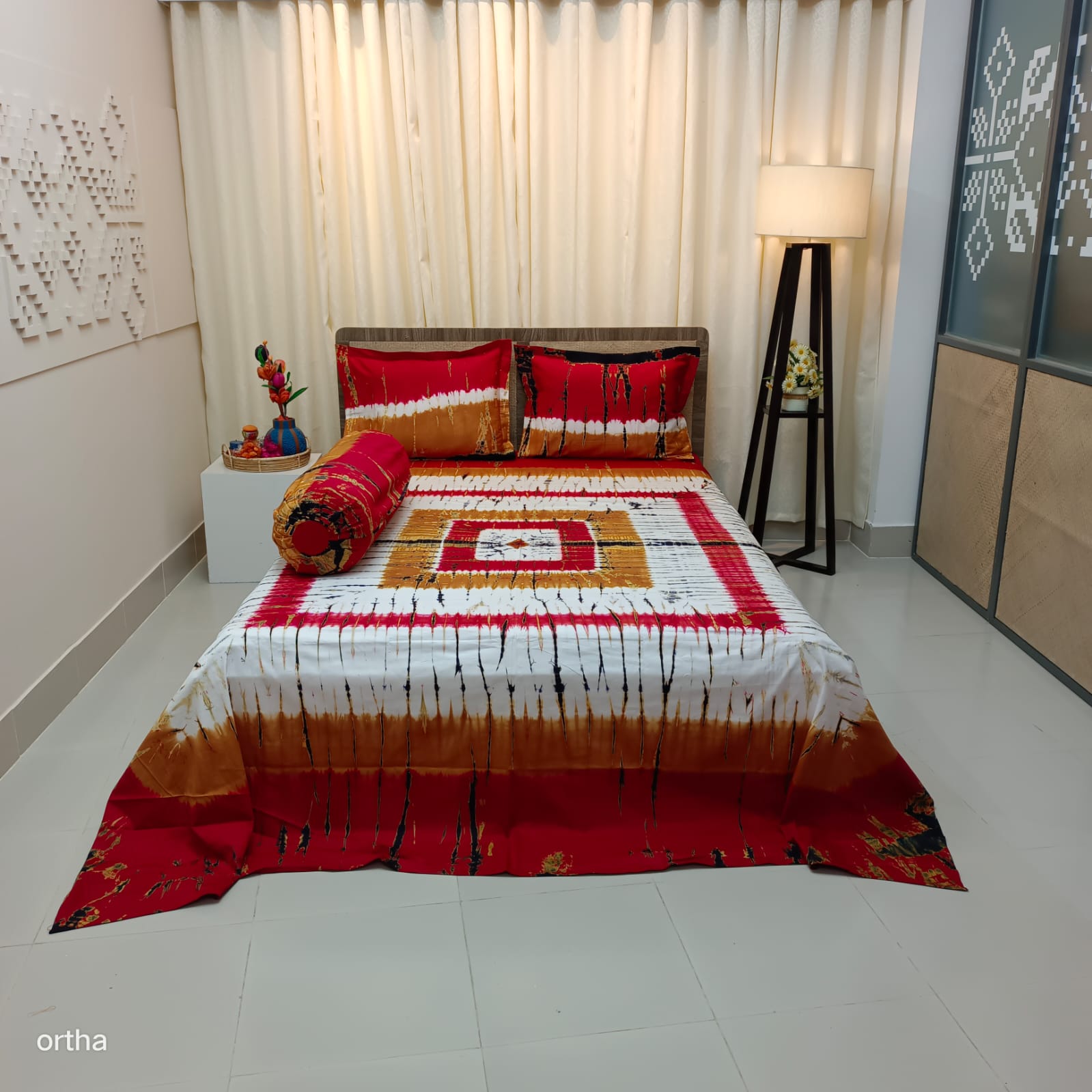 Tie-dye Plain Satin Cotton Ortha Bedsheet - 4 Pecs Set