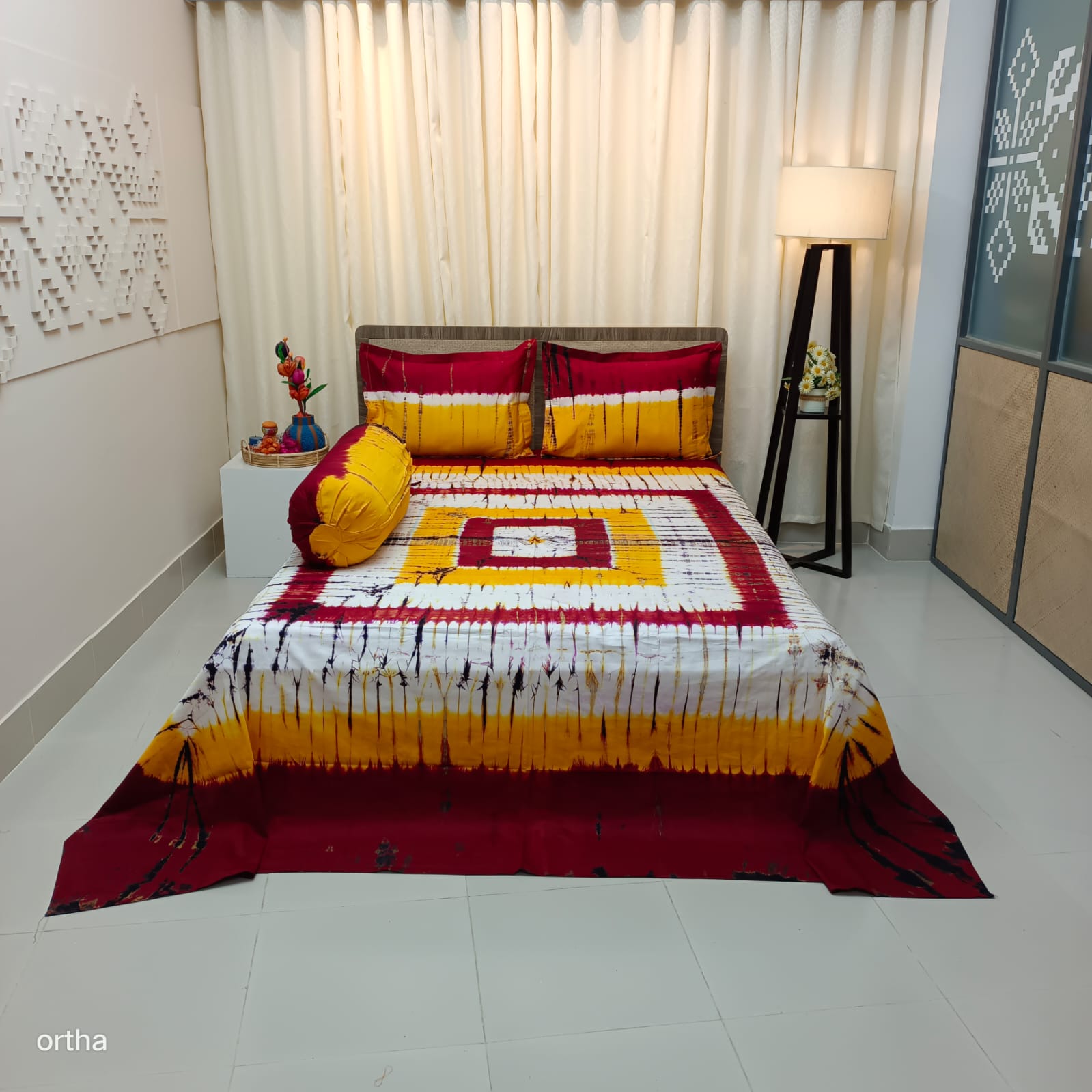Tie-dye Plain Satin Cotton Ortha Bedsheet - 4 Pecs Set