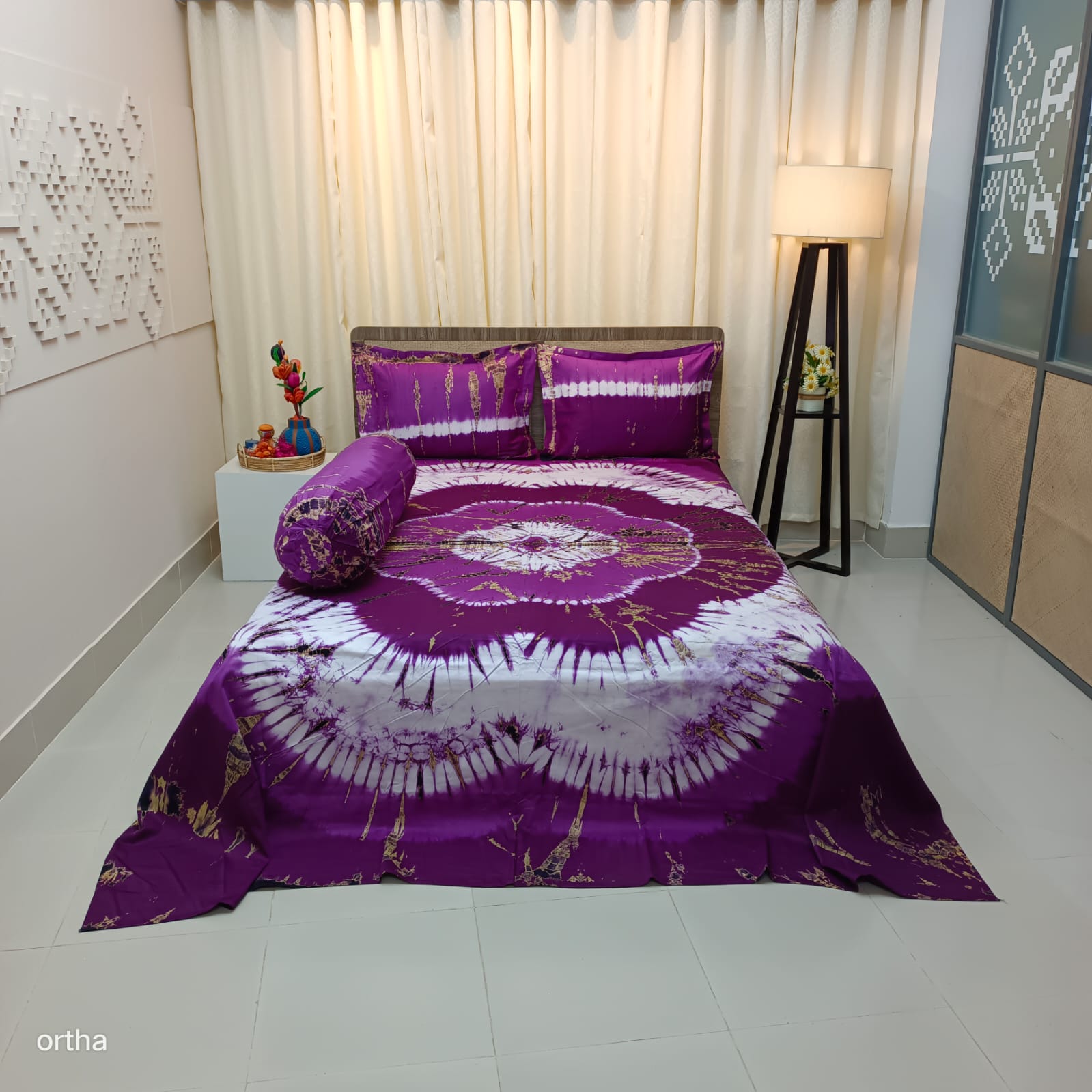 Tie-dye Plain Satin Cotton Ortha Bedsheet - 4 Pecs Set