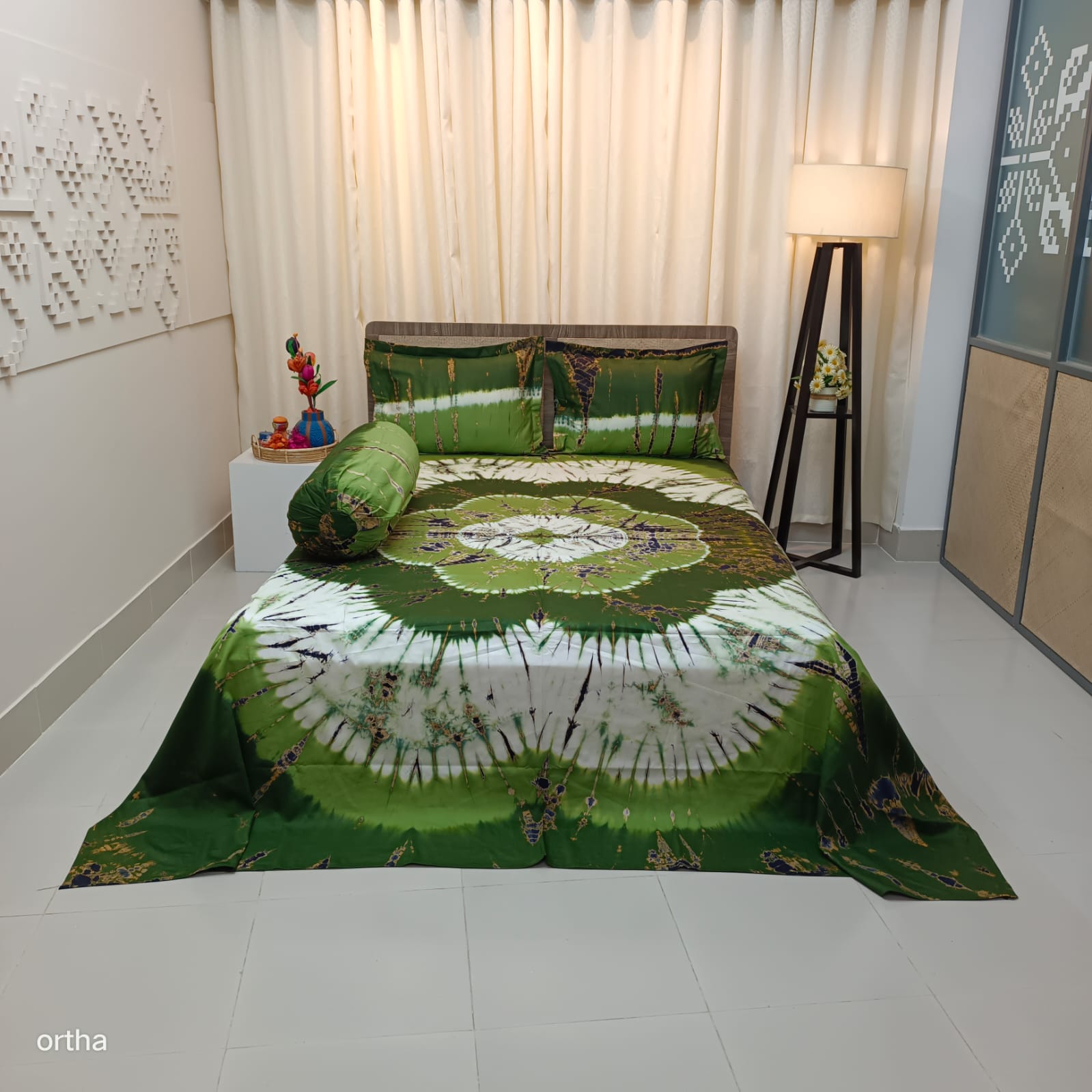 Tie-dye Plain Satin Cotton Ortha Bedsheet - 4 Pecs Set