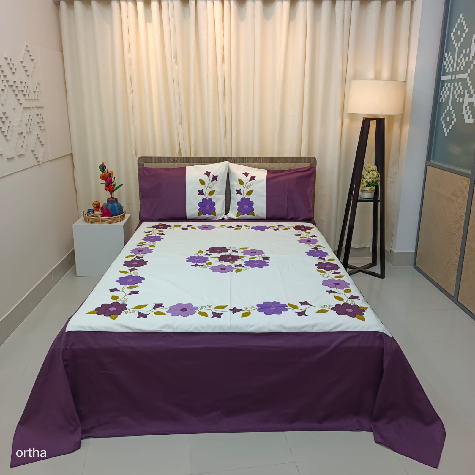 Applique & Embroidery Bed Sheet Set - Flora Purple