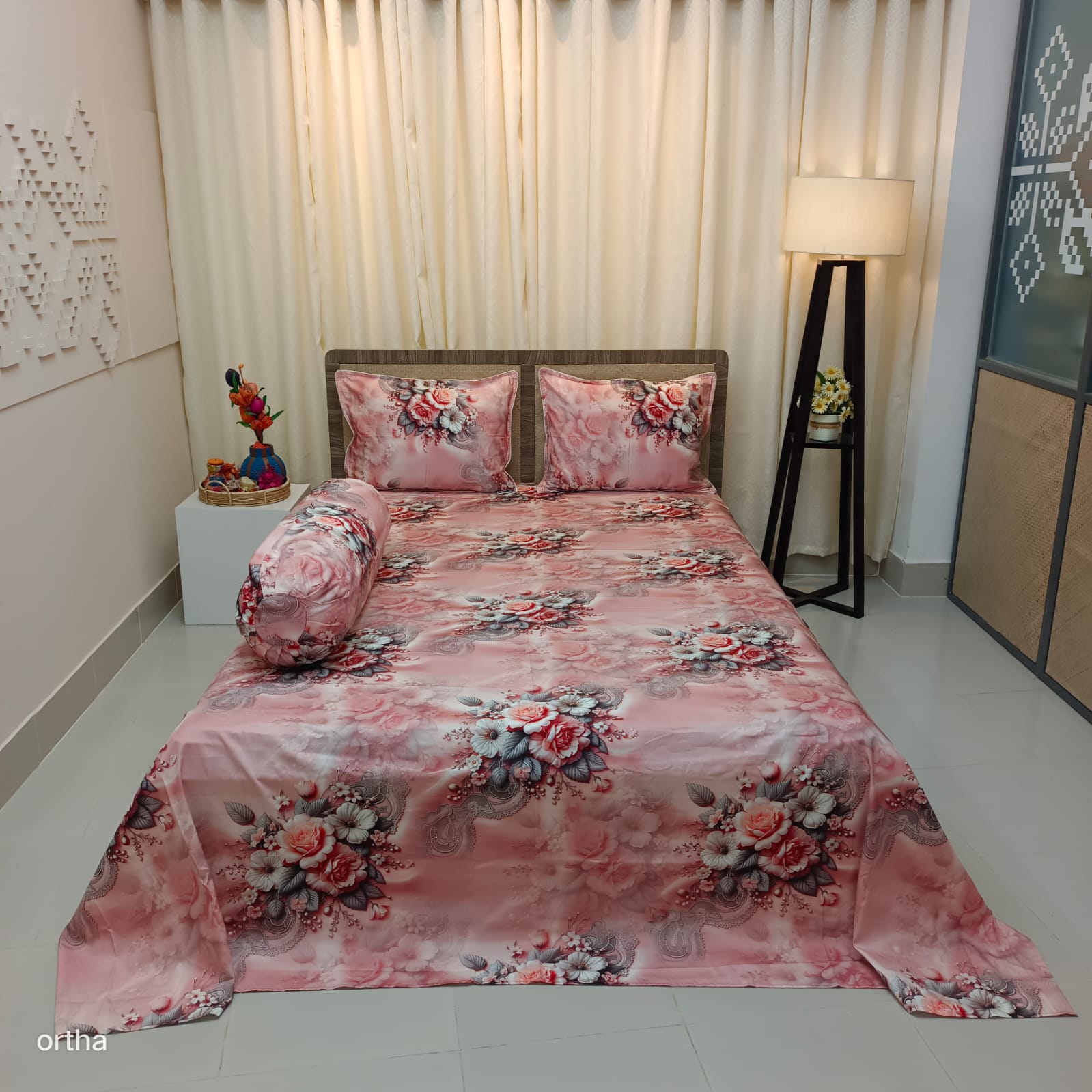 OLS Super King Size High End Cotton 3D Printed Bedsheet - 4Pecs Set