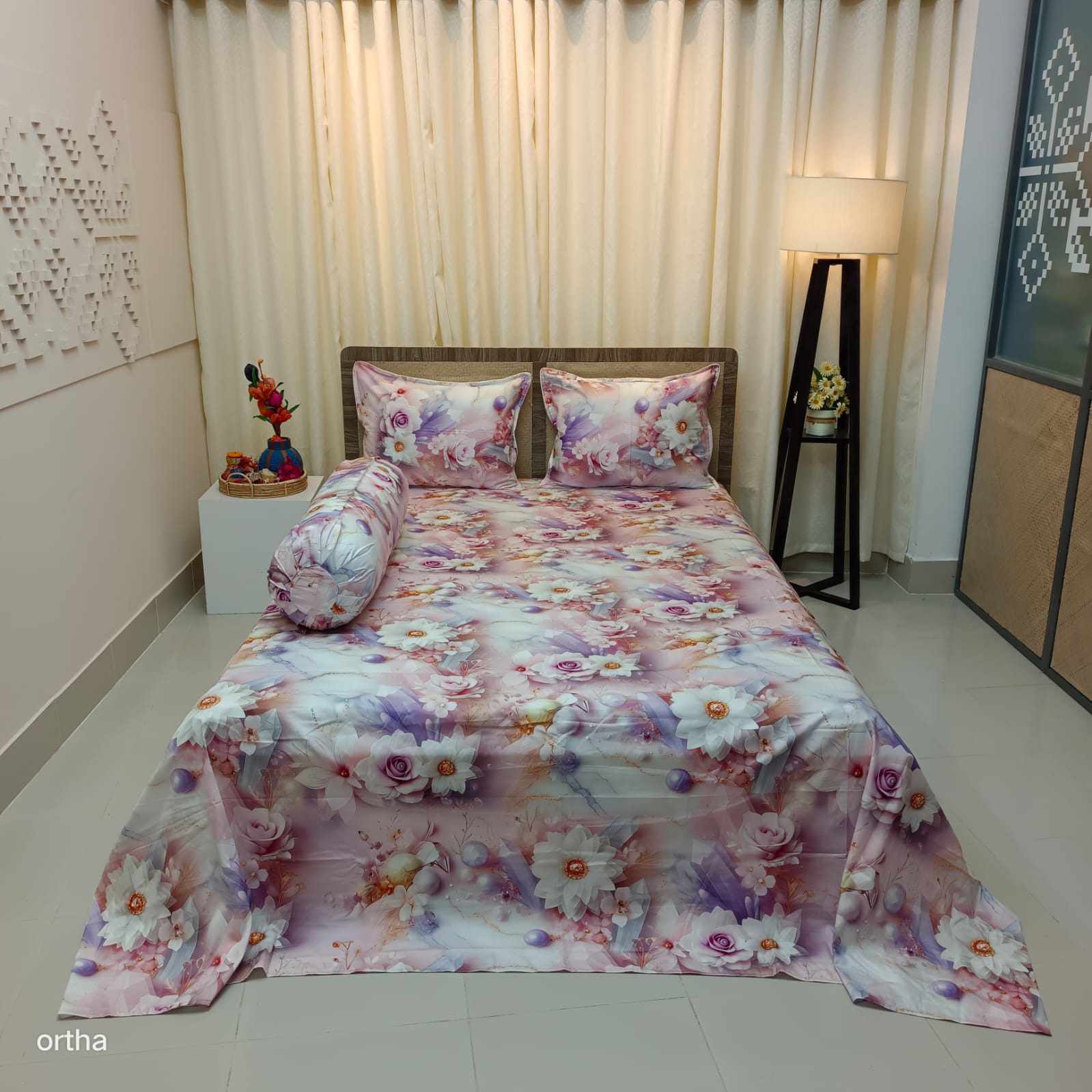 OLS Super King Size High End Cotton 3D Printed Bedsheet - 4Pecs Set
