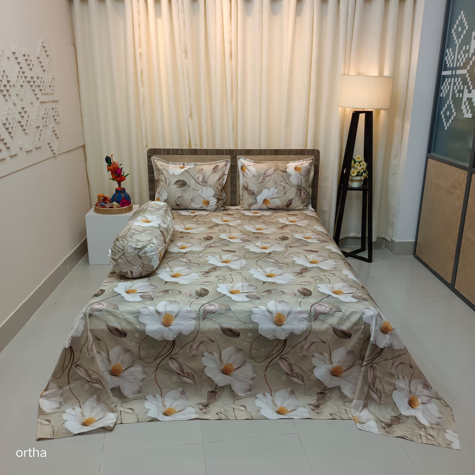 OLS Super King Size High End Cotton 3D Printed Bedsheet - 4Pecs Set