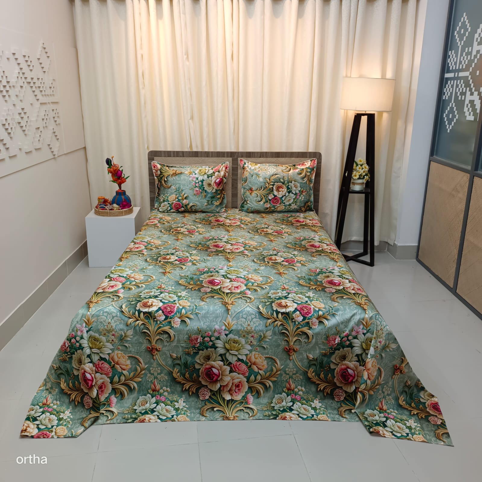 OLS Super King Size High End Cotton 3D Printed Bedsheet - 4Pecs Set