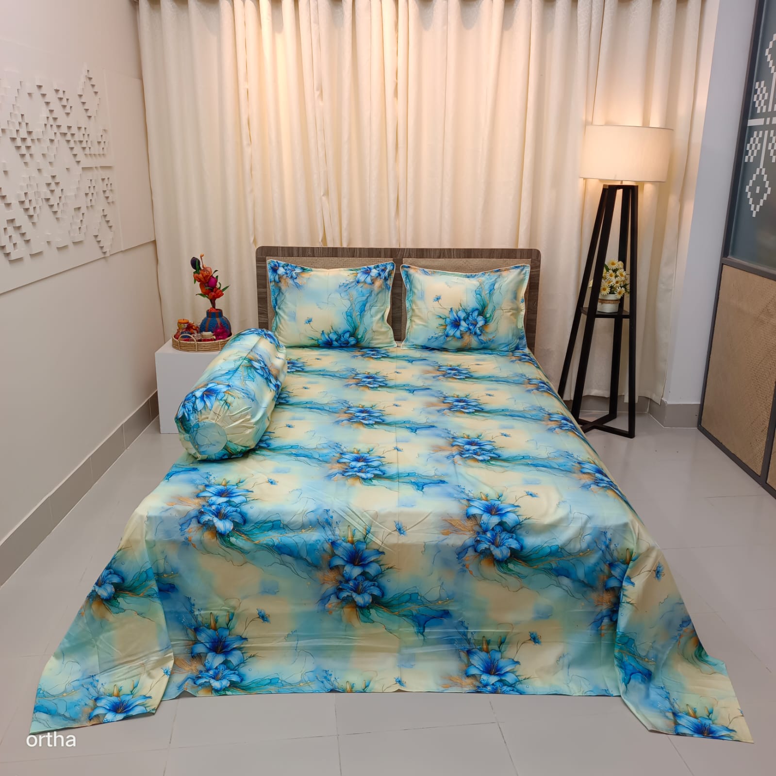 OLS Super King Size High End Cotton 3D Printed Bedsheet - 4Pecs Set