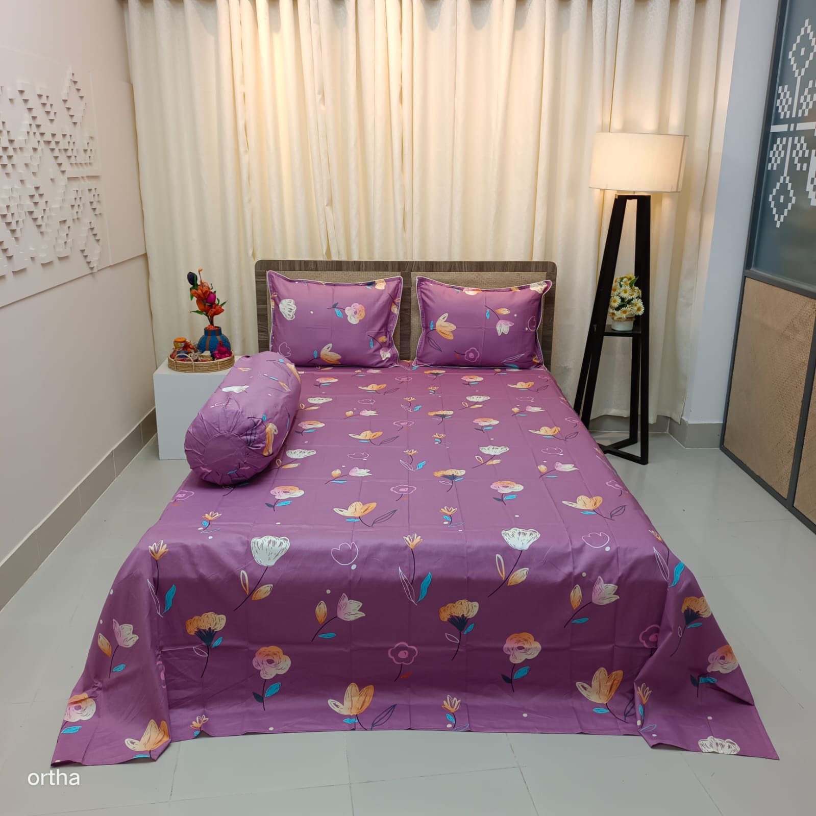 OLS Super King Size Luxury Twill Cotton Bedsheet - 4Pecs Set - Hit Purple