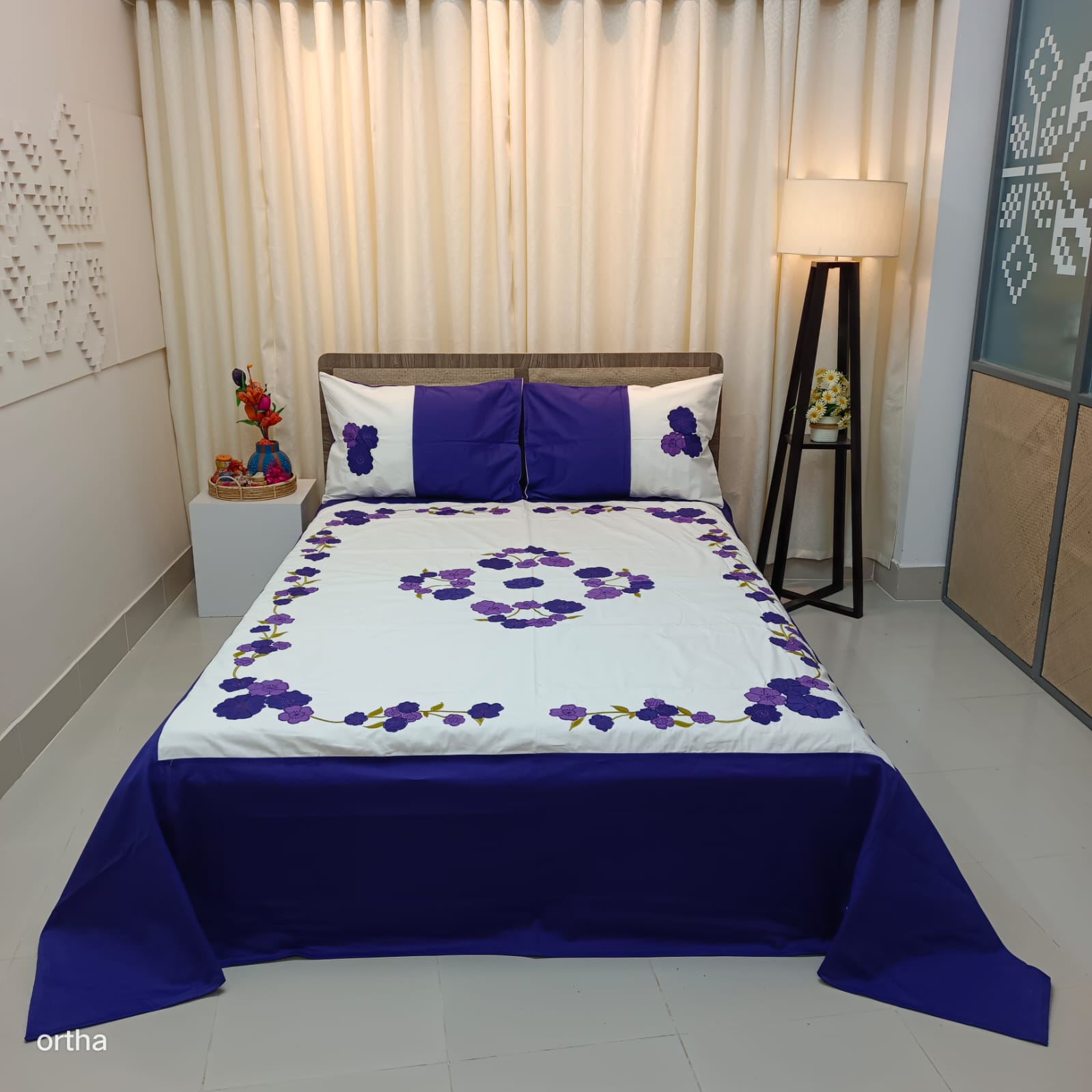 Applique & Embroidery Bed Sheet Set - Flora Purple