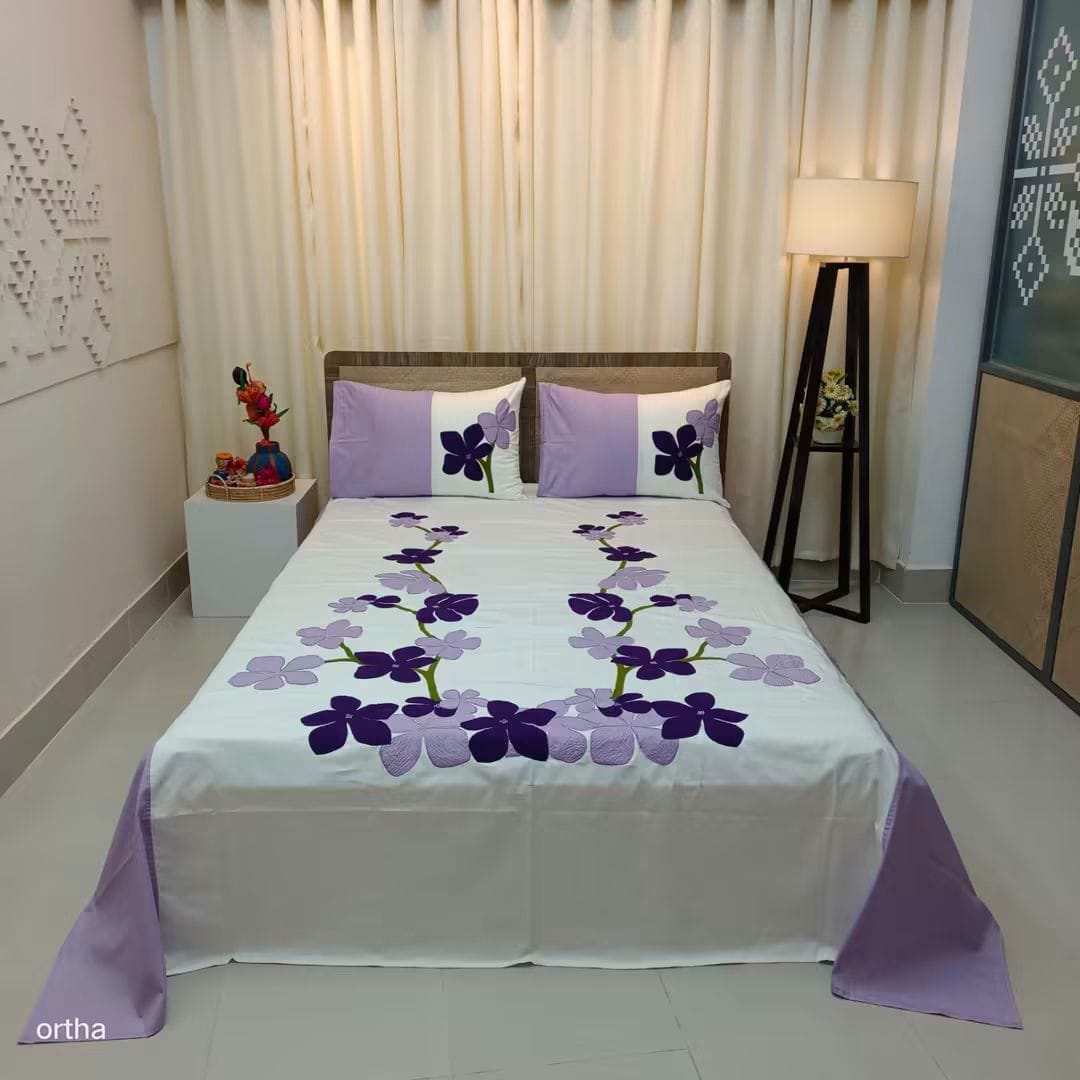 Applique & Embroidery Bed Sheet Set - Purple Orchid
