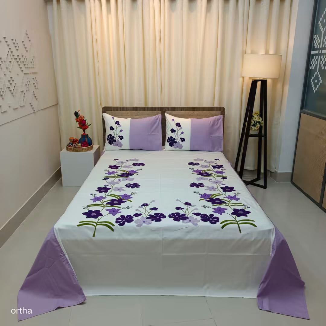Applique & Embroidery Bed Sheet Set - Purple Flower