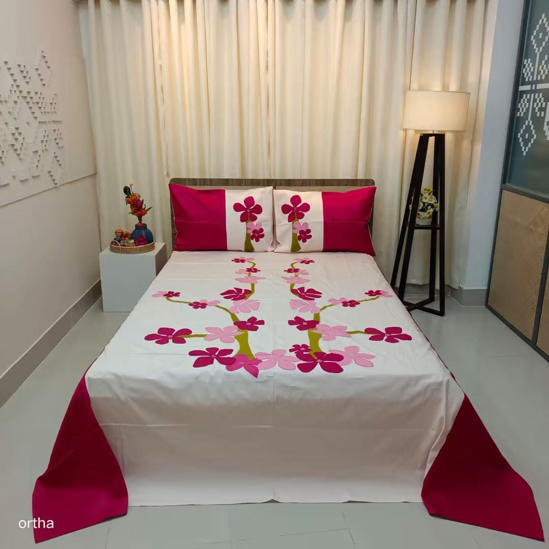 Applique & Embroidery Bed Sheet Set - Pink Orchid