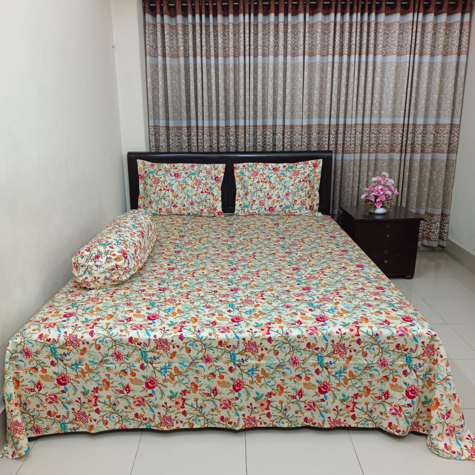 Luxury Twill Cotton Ortha Bedsheet – King Size - 3Pecs - Pori Cream