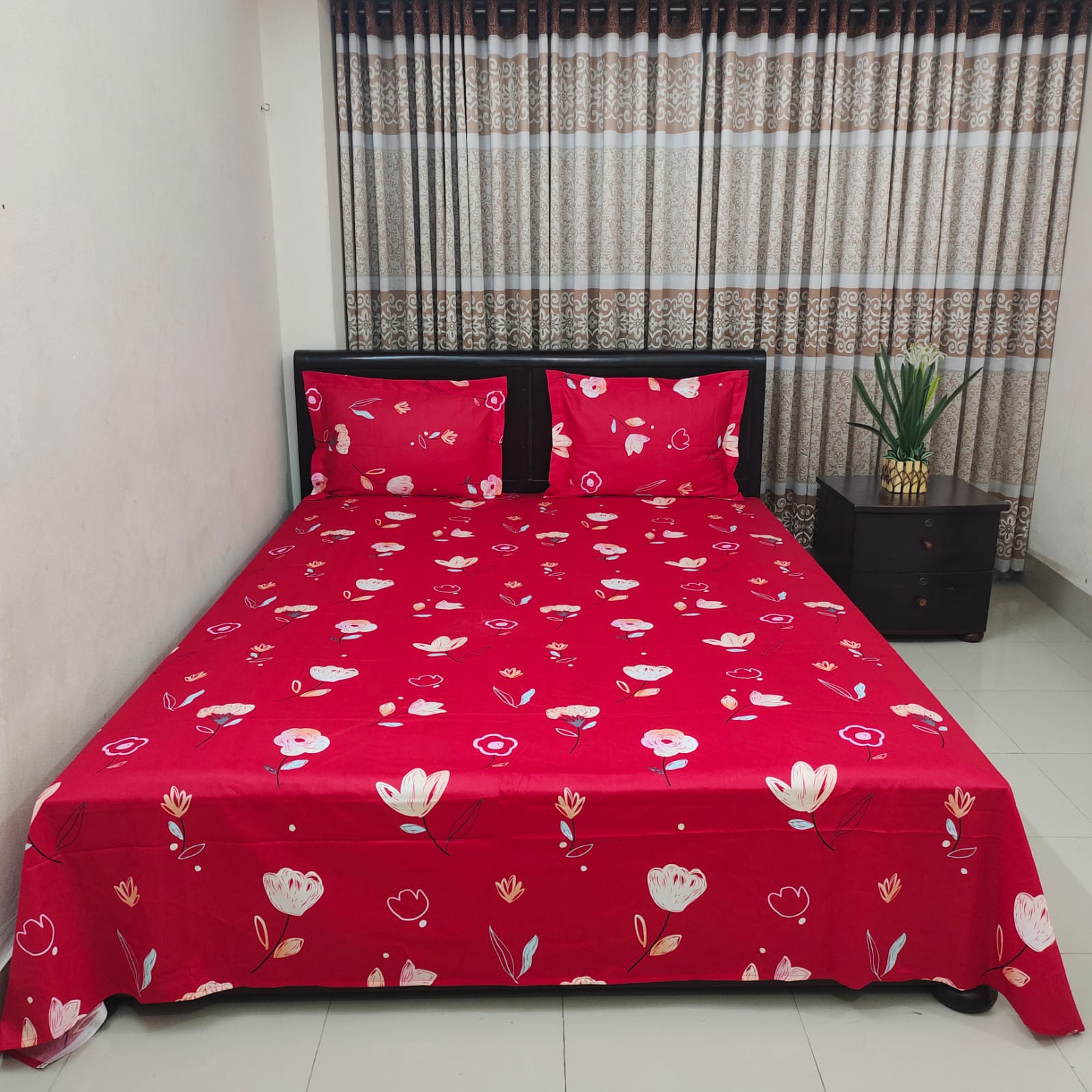 Luxury Twill Cotton Ortha Bedsheet – King Size - 3Pecs Set - Red Romance