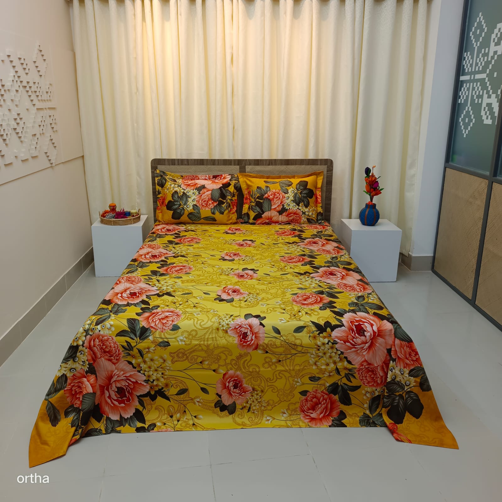 Luxury Twill Cotton Ortha Bedsheet – King Size – 3Pecs Set - Golden Forest - Free Side Pillow Cover