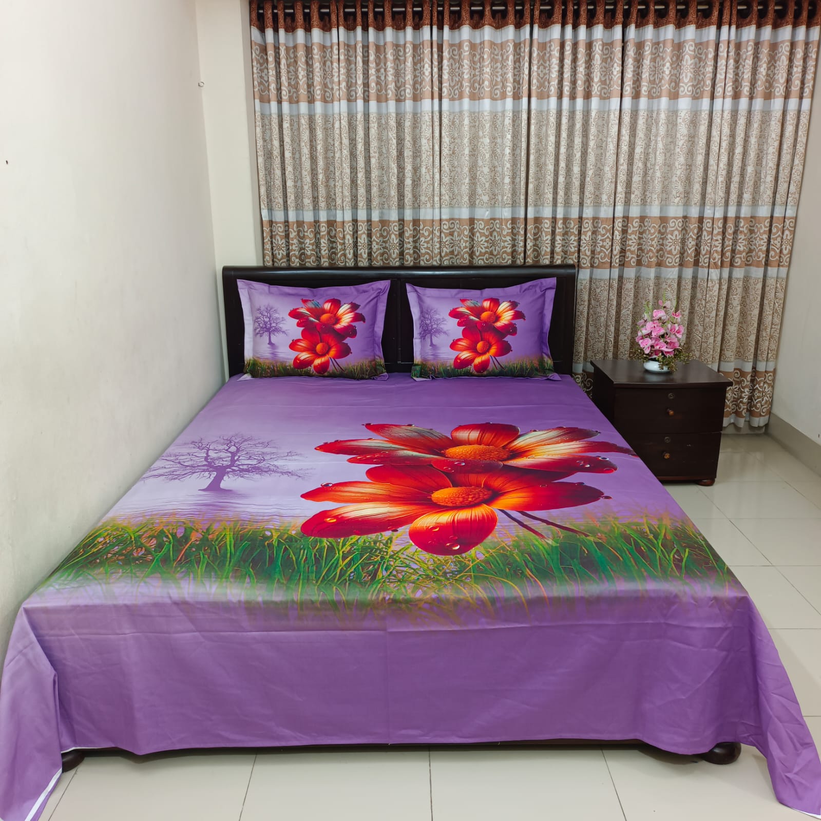 HD Printed Premium Panel Ortha Luxury Bedsheet – 3 Pecs Set - Purple Daisy (Quality Improved)