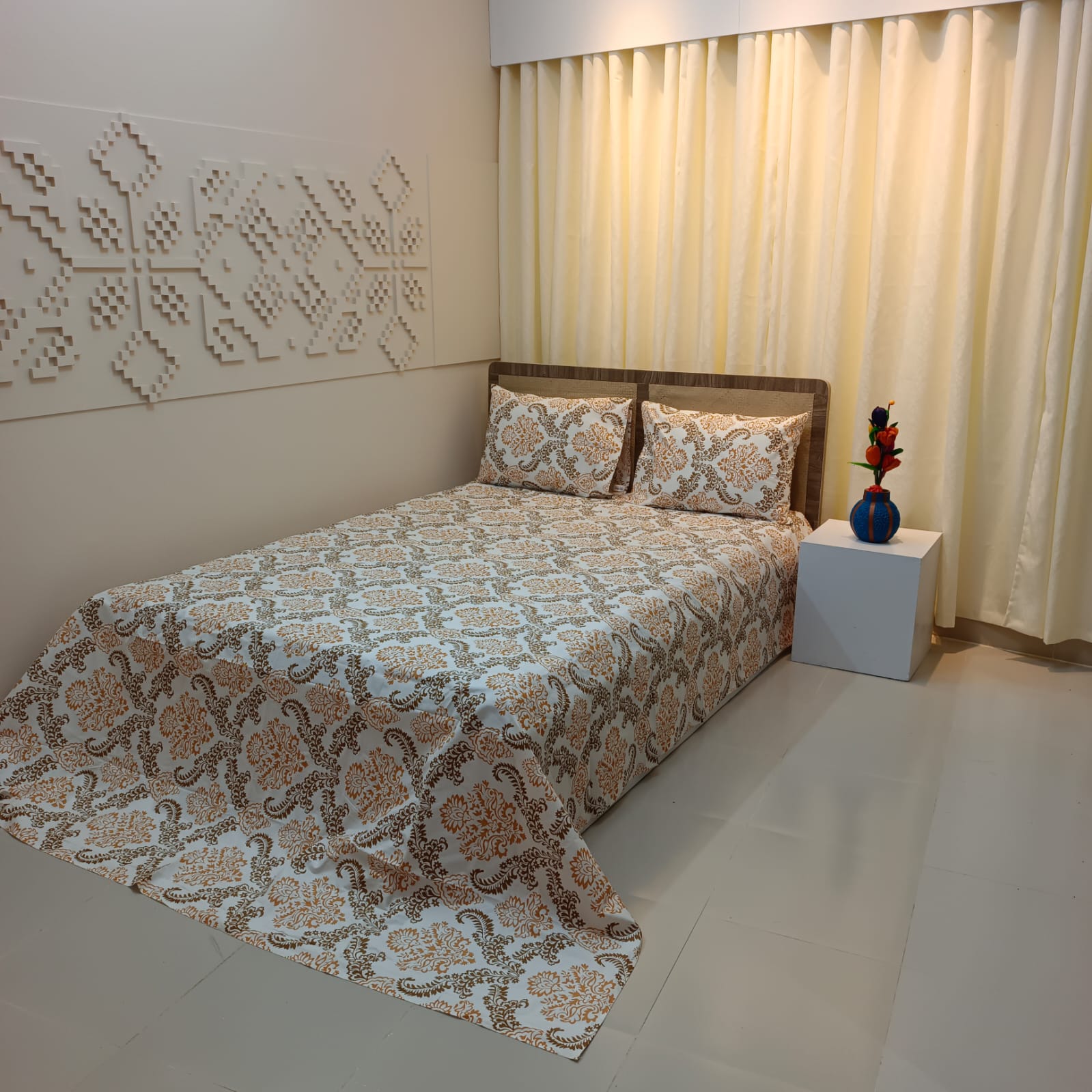 ORTHA EXPORT QUALITY PERCALE COTTON KING SIZE DOUBLE BEDSHEET – 3 PECS SET - GOLDEN KOLKA