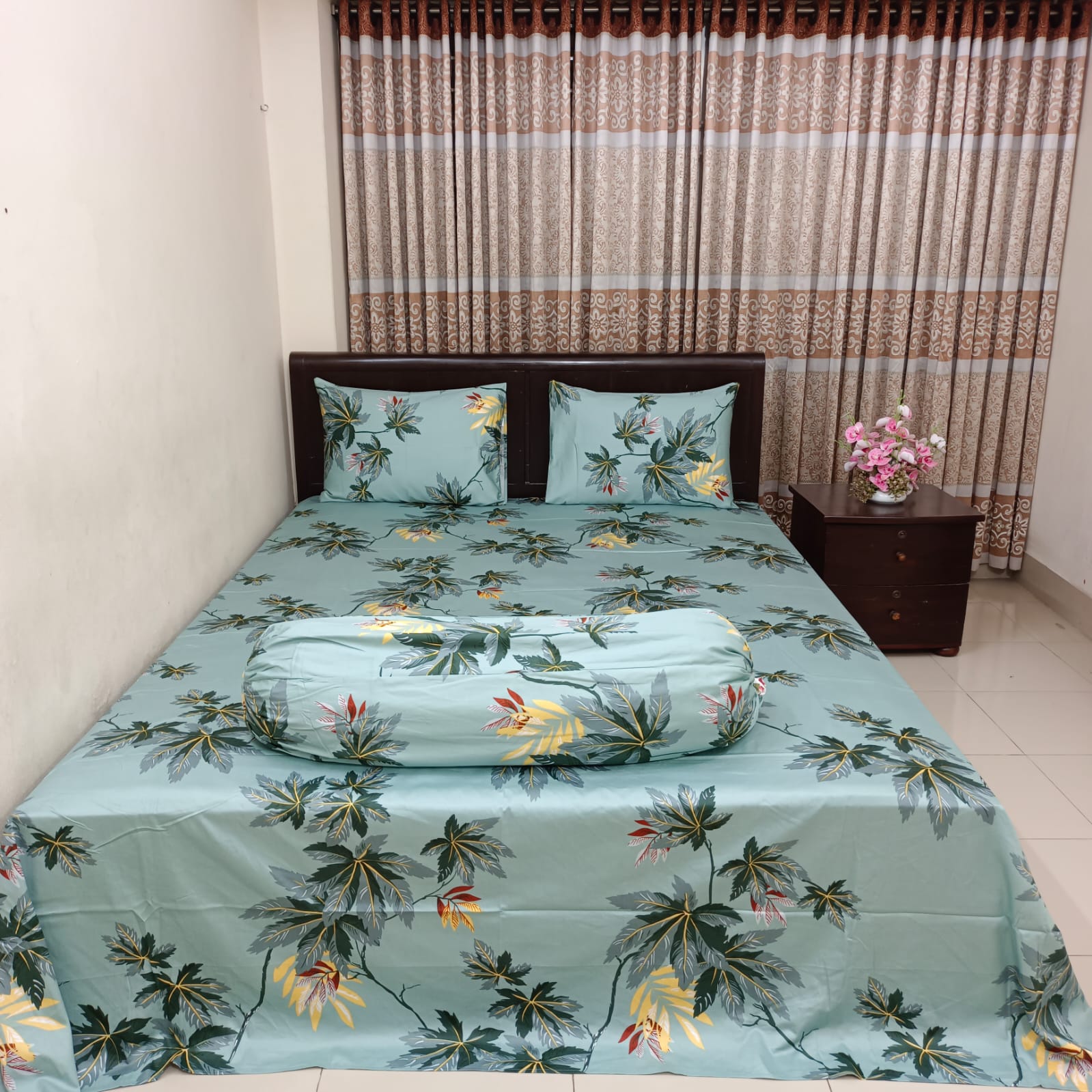 30/30 Count Luxury Exclusive Ortha Bedsheet – King Size – 4 Pecs Set – Blue Ash Leaf
