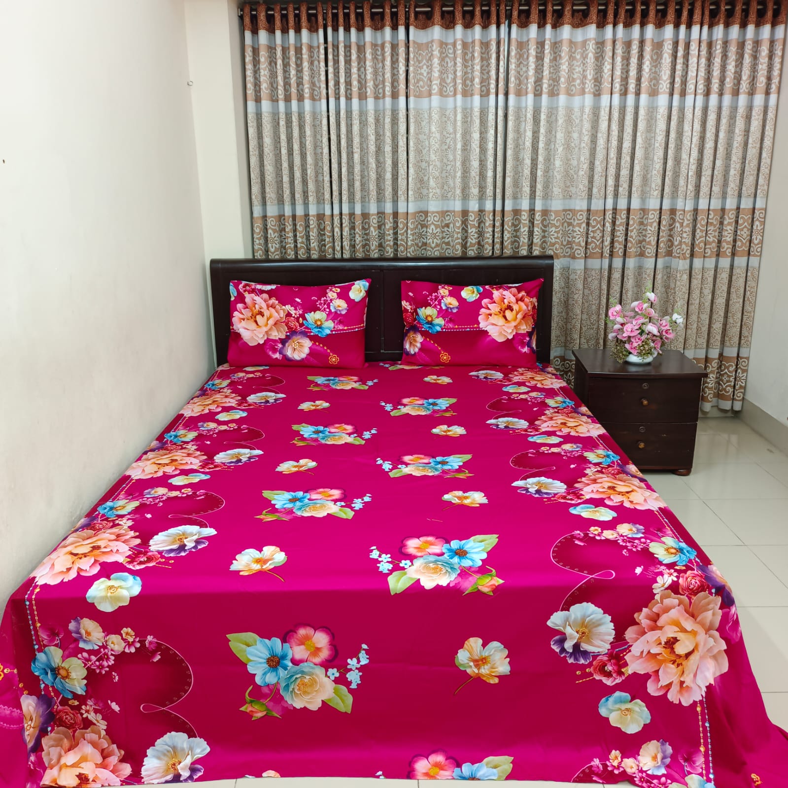30/30 Count Luxury Exclusive Ortha Bedsheet – King Size – 3 Pecs Set – Floral Megenta