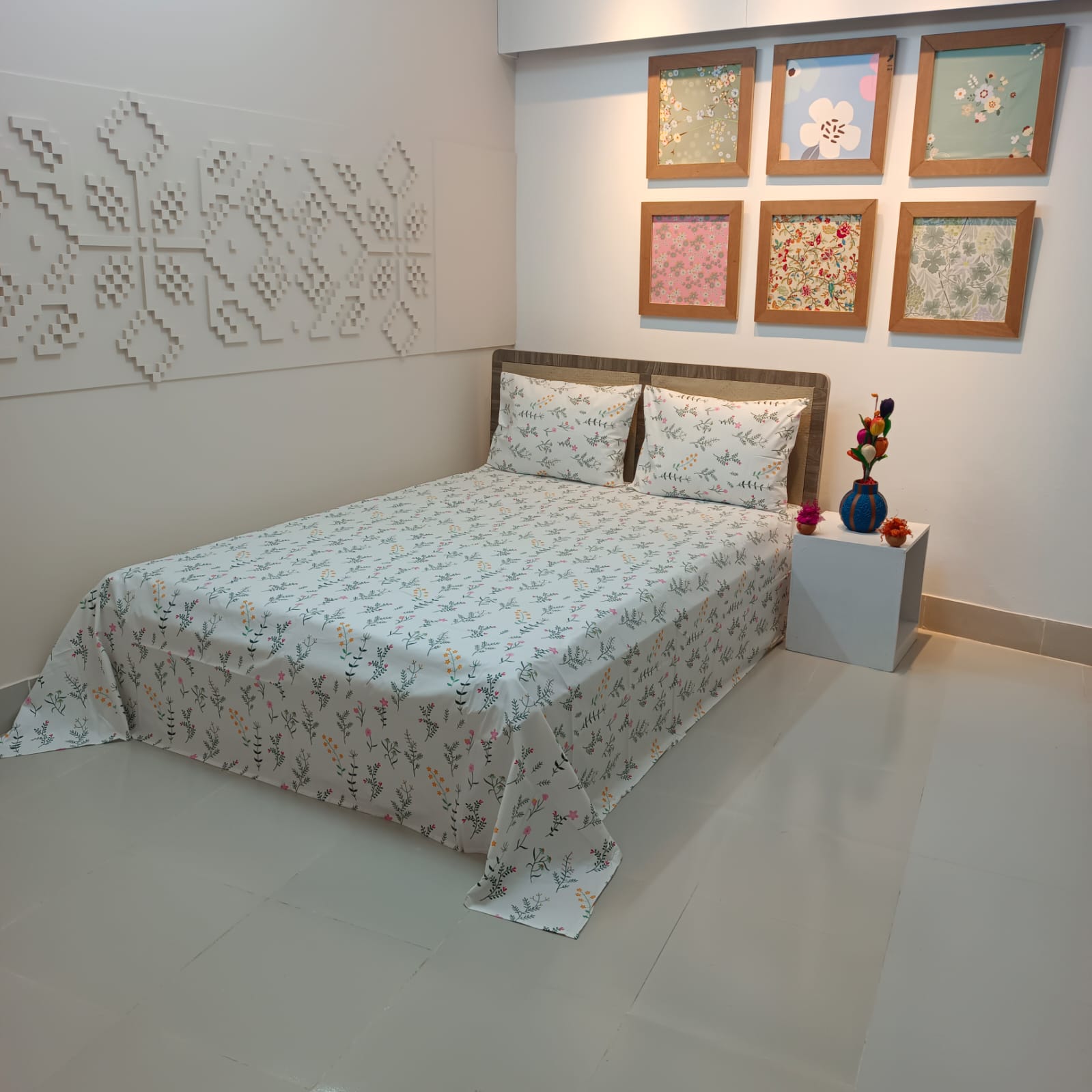 ORTHA EXPORT QUALITY PERCALE COTTON KING SIZE DOUBLE BEDSHEET – 3 PECS SET – WHITE JESMINE