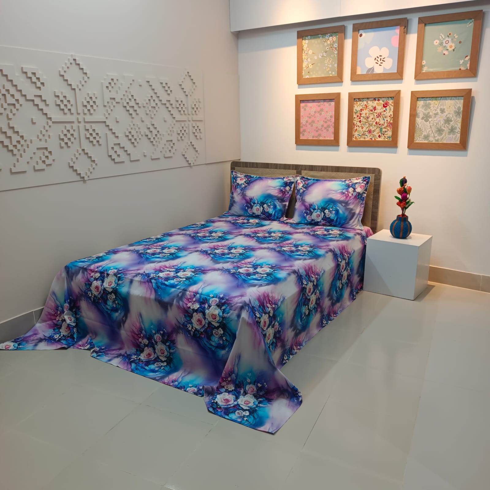 Super King Size High Quality 3D Design Satin Cotton Bed Sheet - 3 Pecs Set - Aurora Rose