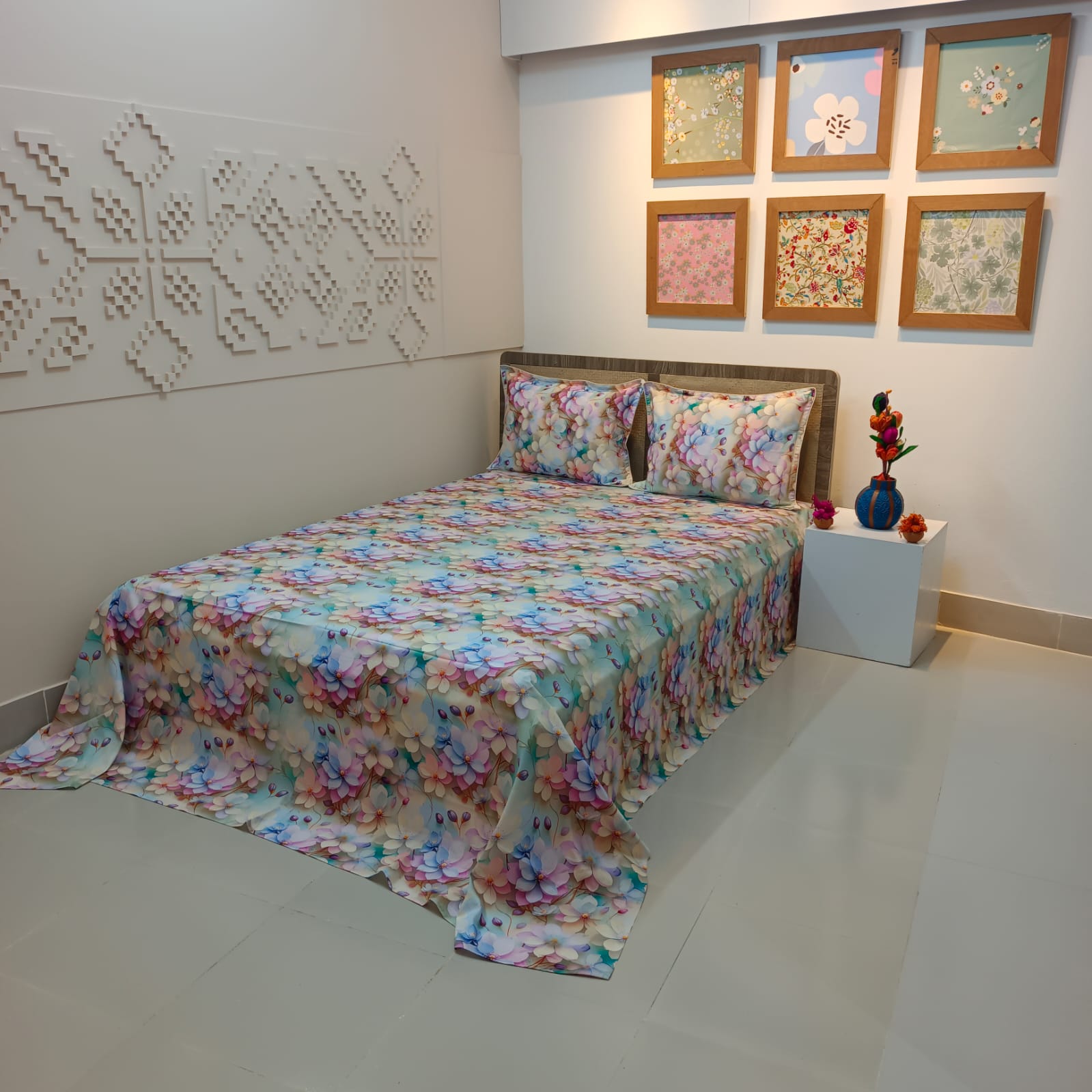 Super King Size High Quality 3D Design Satin Cotton Bed Sheet – 3 Pecs Set – Azalea