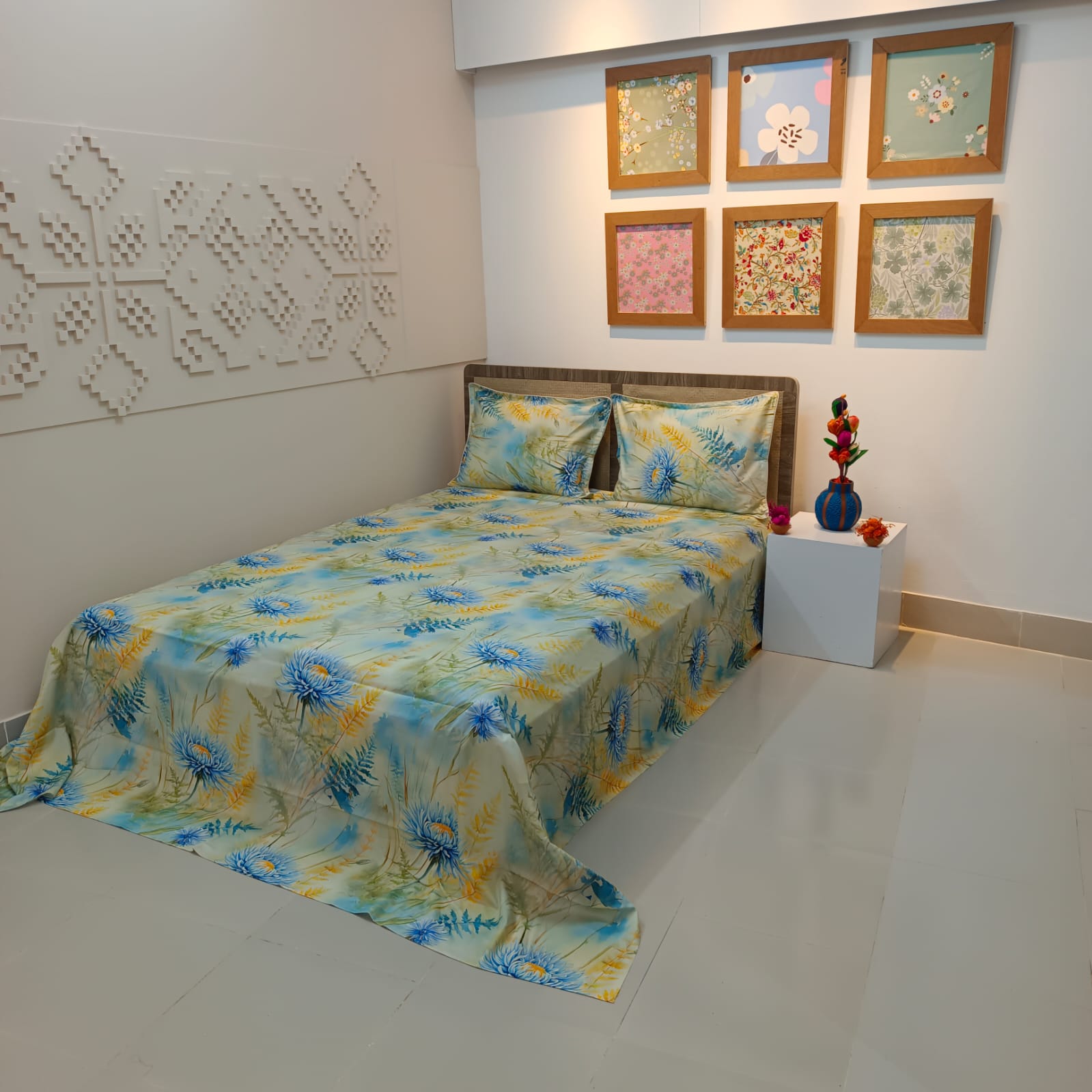 Super King Size High Quality 3D Design Satin Cotton Bed Sheet – 3 Pecs Set – Lime Aster