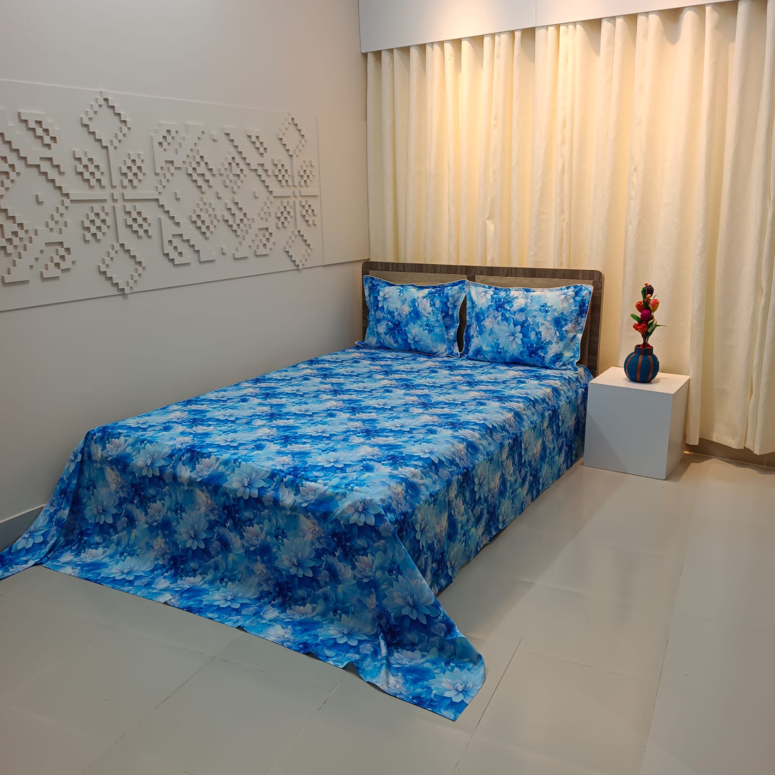 Super King Size High Quality 3D Design Satin Cotton Bed Sheet – 3 Pecs Set – Camelia