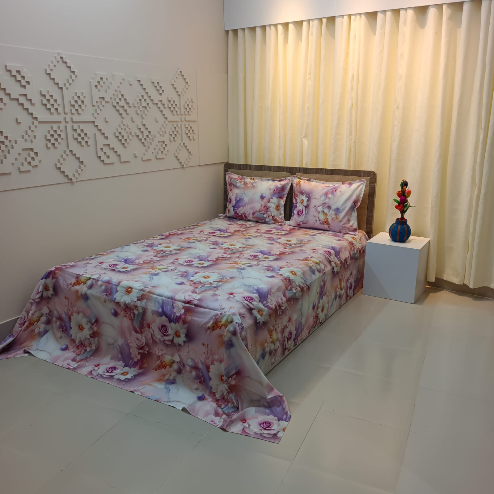 Super King Size High Quality 3D Design Satin Cotton Bed Sheet – 3 Pecs Set – Champa