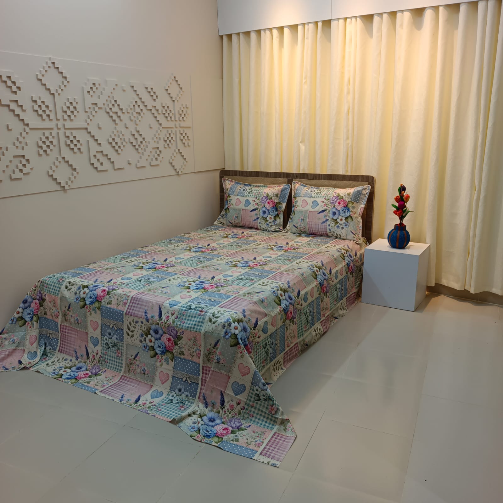 Super King Size High Quality 3D Design Satin Cotton Bed Sheet – 3 Pecs Set – Gardenia